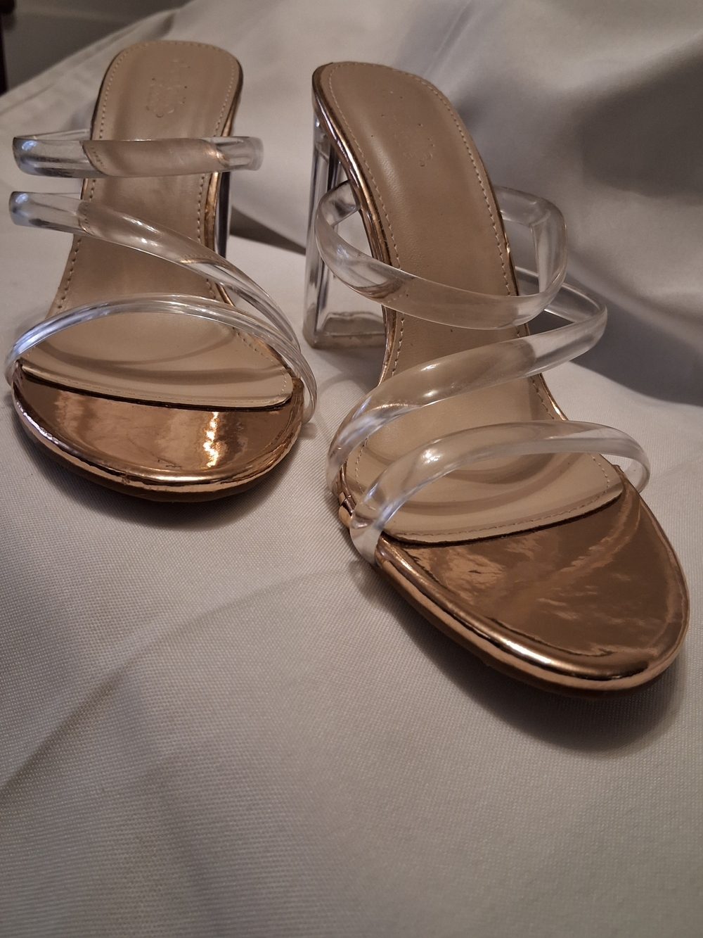 Clear Multi Strap Block Heel Sandal Rose Gold Insole - Size 9